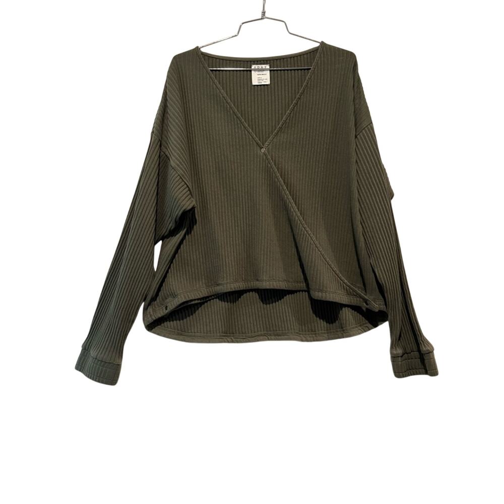 ADAY Cozy UP Olive Ribbed Wrap Pullover Jacket Cardigan Long Sleeve button XL